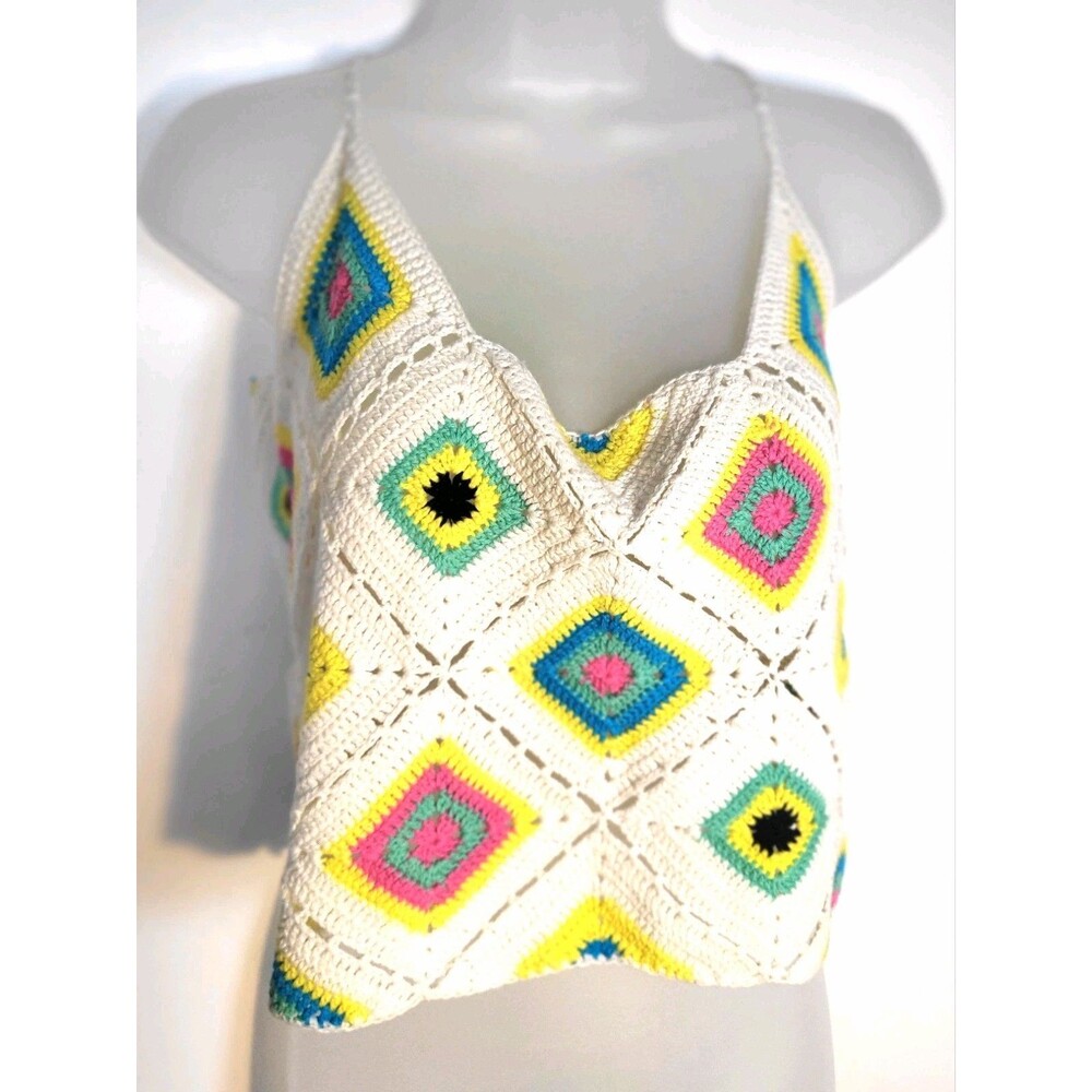 Granny Square Crocheted Crop Top Boho Bohemian Festival Spaghetti Strap Large